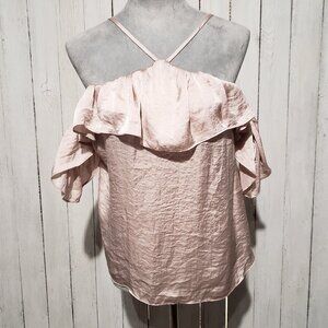 Ten Sixty Sherman M Top Pink Satin Ruffle Cold Shoulder Cottage Boho Fairy